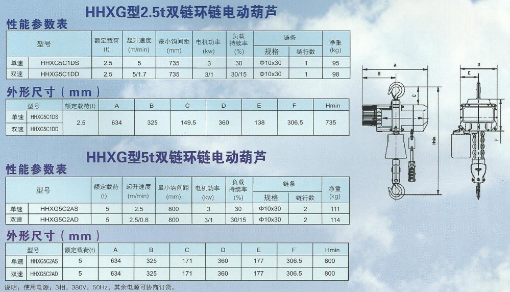 HHXG型2.5T-5T环链电动葫芦技术参数
